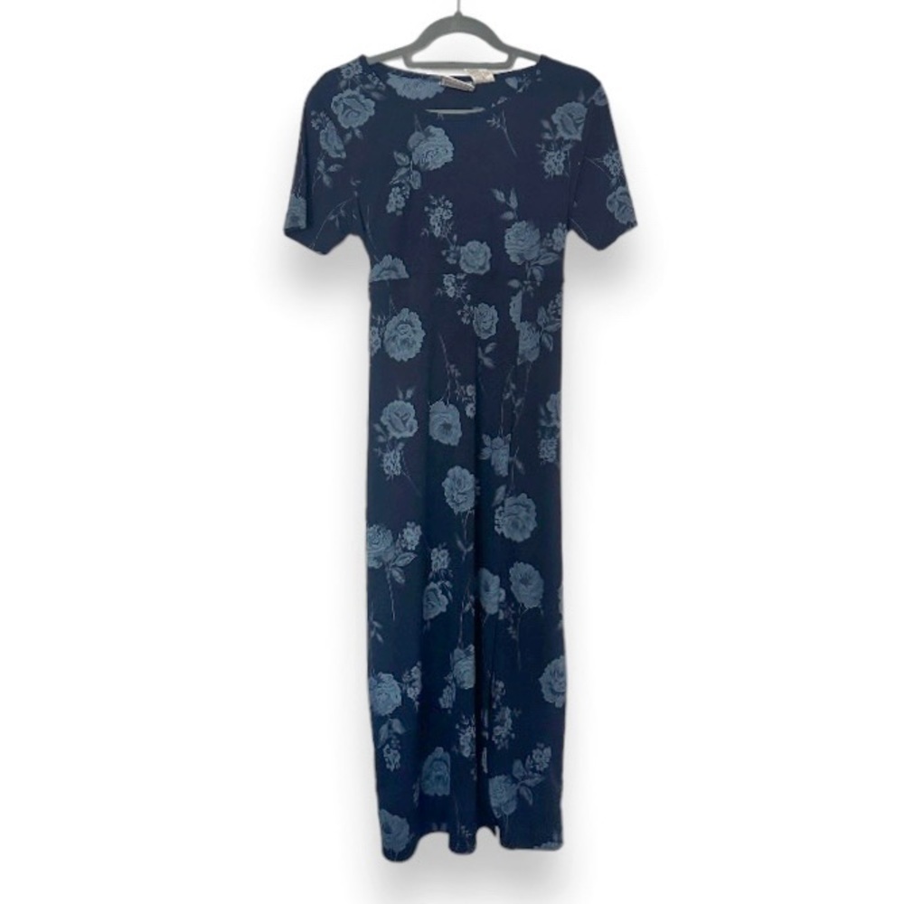 Vintage 90s Erika Blue Floral Short Sleeve Maxi Dress Women’s Size Medium FLAWS